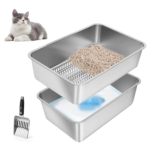 Bartuke Katzenklo Edelstahl XXL 23.6 Lx15.7 Wx8 H Halbgeschlossenes Metall Katzentoilette mit Siebpfanne Schaufel für große Katzen einfache Reinigung