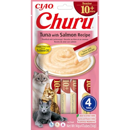 INABA Churu Senior Katzenleckerlis mit 30% Thunfisch Omega 3 Fettsäuren aus Lachsöl Taurin Nur 7 kcal pro Tube Gesunde Katzen Leckerlies Senior Katzenfutter 56 g 1er Pack