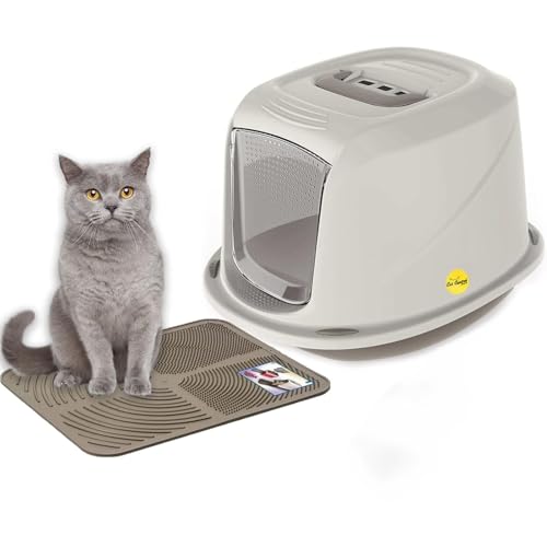 Cat Centre Katzenklo Mit Deckel Katzentoilette Mit Abdeckung Klapptür Mit Grauer Katzenstreu Matte Grau XL 57 x 39 5 x 38 cm