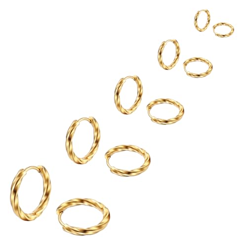 Hinvan 5 Paar Set Titan Edelstahl Ohrringe für Damen Herren Mädchen Ohrringe Herren Creolen Ohrringe Damen Creolen Ohrringe Gedrehte Ohrringe Männer Creolen Ohrringe Creolen Klein 8-16MM Gold