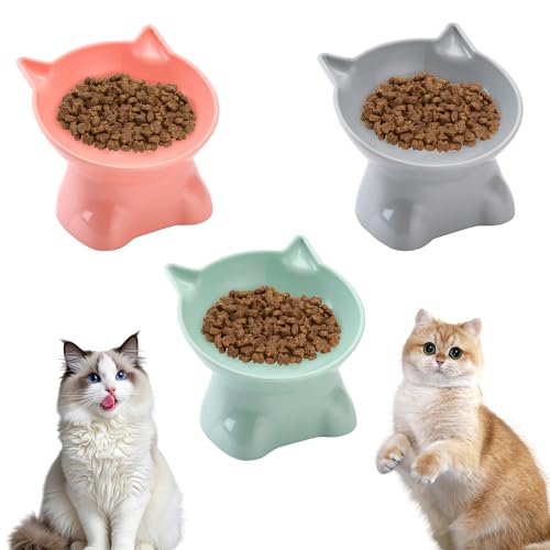 Katzennapf 3 Stück Futternapf Katze Erhöhter Katzennapf Set Katzennapf Erhöht Fressnapf Katze mit 15 Neigung Design und Unterlage Anti-Kotz Erhöhte Katzennäpfe für Futter und Wasser