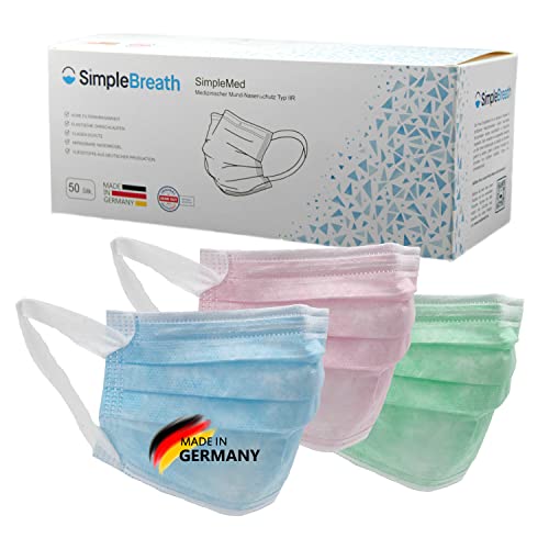 SimpleBreath 50 x medizinische Mund-NasenSchutzmaske SimpleMed Typ IIR Made in Germany EN14683 zertifizierte OP-Maske 3lagiger Mundschutz aus deutscher Herstellung blau