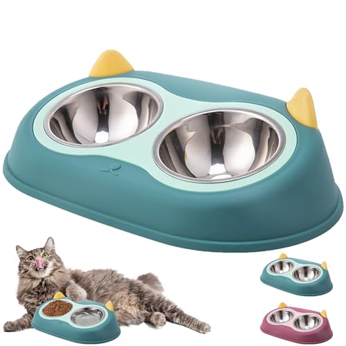 YOUYIKE Katzen Futternapf 2 in 1 Set Katzenschüssel Erhöht-15 Kipphals-Schutzschale Edelstahl Lebensmittelqualität Abnehmbar rutschfeste Fressnapf für Haustiere Katzen und Kleine Hunde Grün