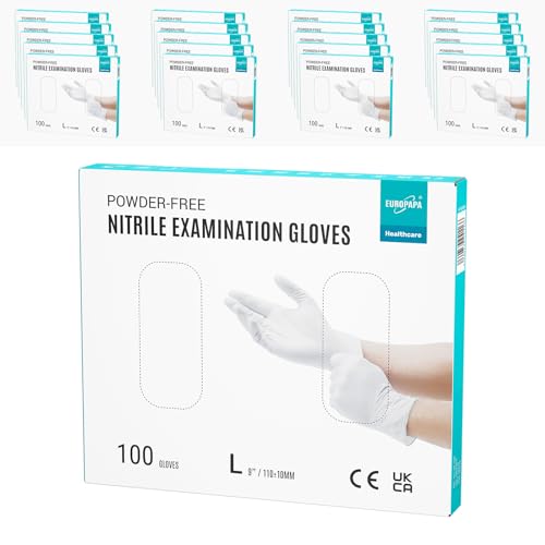 EUROPAPA 2000 Stück 20x100 Nitrilhandschuhe Box Einweghandschuhe Einmalhandschuhe Untersuchungshandschuhe puderfrei ohne Latex unsteril latexfrei disposible gloves L Weiss