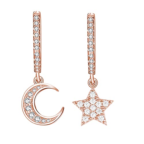925 Sterling Silber Creolen mit Anhänger Ohrringe für Damen Mädchen und Frauen Kreolen hängend klein mit Mond und Stern Rosegold - mit Strass