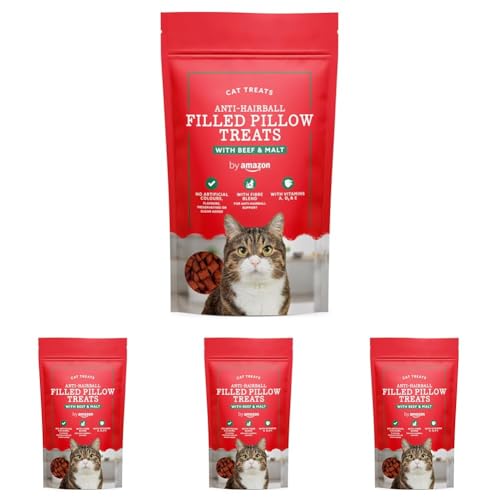 by Amazon Katzen-Leckerlis Anti-Haarball-Kissen Rind und Malz 70 g Packung mit 4