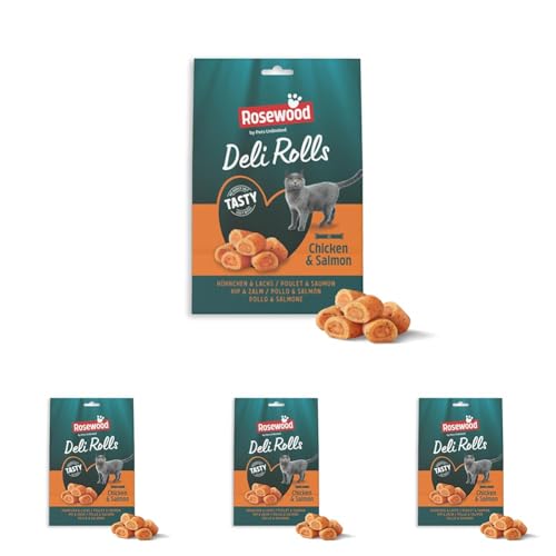 Rosewood Deli Rolls Soft Katzenleckerlis mit Huhn und Lachs Getreidefrei Ohne zugesetzten Zucker Weiche Snackrollen 40 g Packung mit 4