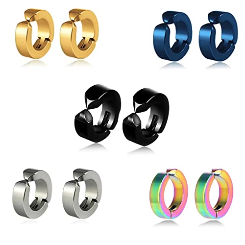 Clyhon 5 Paare Eckige Creolen Ohrringe Edelstahl - Clip Herren Damen Silber Titan Klappcreolen Ohrclip Ohrklemmen Ohrstecker Männer Schwarz Fake Gold Set Nickelfrei