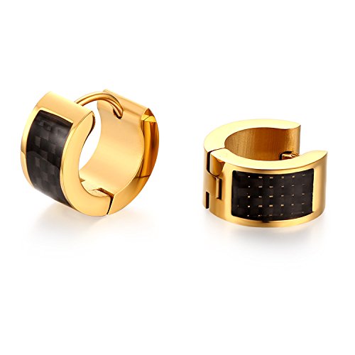 JewelryWe Schmuck Creolen Ohrringe Edelstahl Kohlenstofffaser Kohlefaser 7mm Breit Klassische Klapp-Creolen Ohrclips Ohrstecker Ohranhänger für Damen Herren Gold Schwarz