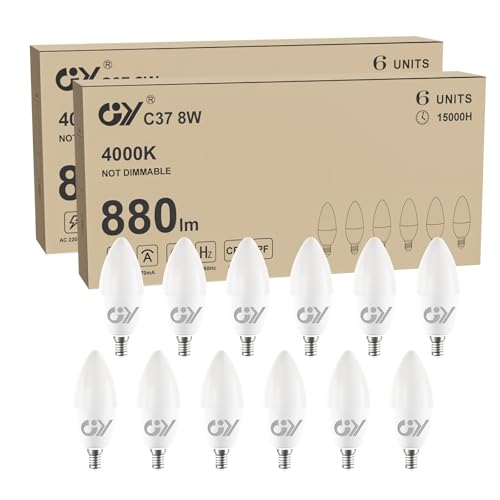 GYühbirne Ultrahell 8W Lampe ersetzt 60W C37 Birne 880LM 4000K Neutralweiß 280 Abstrahlwinkel Energiesparlampe Nicht Dimmbar 12 Stück