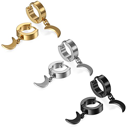 JewelryWe Schmuck 3 Paare Herren Ohrringe Creolen Edelstahl Huggie Hoop Klappcreolen Ohrpiercing Ohrhänger Ohrstecker mit Mond Anhänger Geschenk für Männer Damen Silber Gold Schwarz