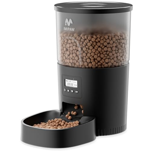 IMIPAW Futterautomat Katze Katzenfutter Automat mit Programmierbarem Timer Einfache Bedienung 1-6 Mahlzeiten pro Tag Futterspender für Katzen und Hunde 3L Schwarz