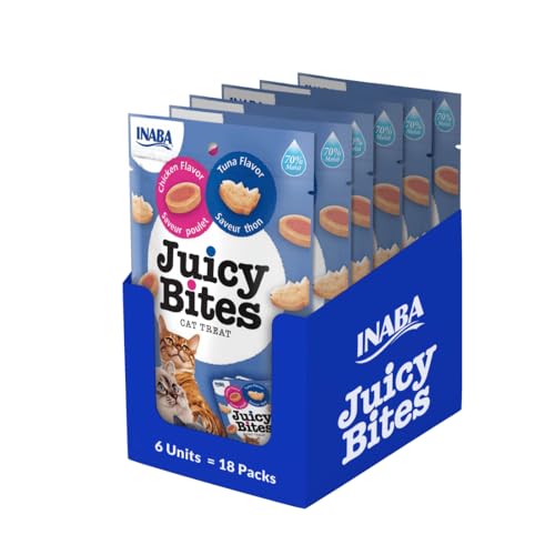 INABA Juicy Bites Kalorienarm No Grain No Sugar No by-Products Katzen Leckerlies Köstliche und Weiche Katzenleckerlis in Kleinen Häppchen aus echtem Hühnerfleisch hergestellt 33.9 g 6er Pack