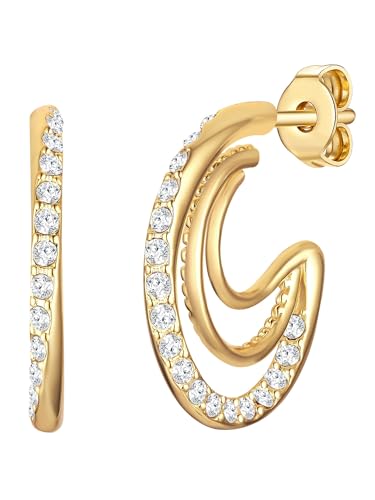 Lulu Jane Damen Creolen aus Metall gelbvergoldet 14 Karat verziert mit Kristallen weiß