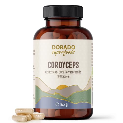 Cordyceps Kapseln aus 40 1 Extrakt 180 Stück 1230 mg pro Tagesdosis aus 49.200 mg Cordyceps 50% bioaktive Polysaccharide 2 Monatsvorrat Vegan Dorado Superfoods