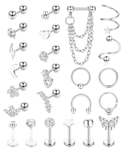 JeweBella 24 Stück 16G Chirurgenstahl Helix Piercings Silber Gold Hypoallergene Piercing Ohr Knorpel Ohrringe Damen Ohrstecker Creolen Set Nase Lippen Clicker Ring Conch Tragus Piercing Schmuck