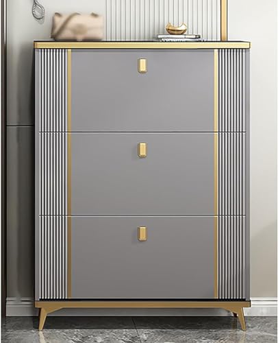 Schmaler Schuhschrank hohes Schuhregal mit 3 Klapptüren freistehend versteckter Schuh für Schrank und Flur platzsparende Aufbewahrungslösung Größe 60 x 24 x 120 cm Farbe Grau