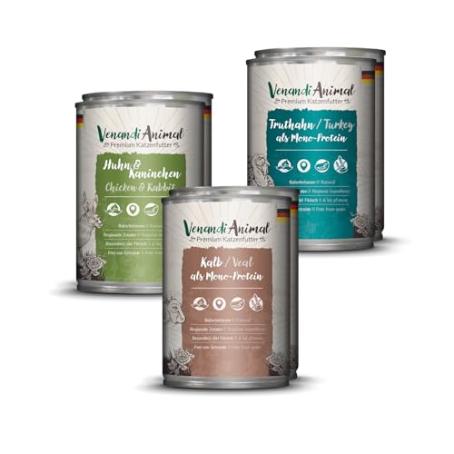 Venandi Animal Premium Nassfutter für Katzen Probierpaket II Huhn Kaninchen Kalb Truthahn 6 x 400 g getreidefrei und naturbelassen 2.4 kg