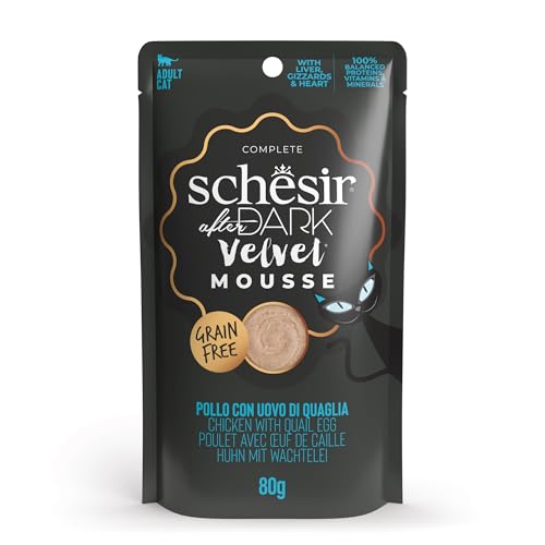 Schesir After Dark Geschmack Huhn mit Wachteleiern Velvet Mousse komplettes Nassfutter für Erwachsene Katzen 12 Beutel 80 g