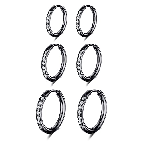 Bo Win 3 Paare Edelstahl Schwarz Ohrringe Herren Creolen Damen Ohrringe Diamant Männer Brilliant Ohrringe Zirkonia Huggie Ohrringe Creolen Kleine Set Ohrringe Damen Schwarz Titan Piercing 8 10 12MM