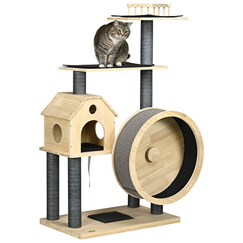 PawHut Katzenbaum Laufrad 4 Stock Kratzbaum Katzenhaus Sisalsäulen Katzenhöhle Kiefernholz Natur 80x 50x 143 cm