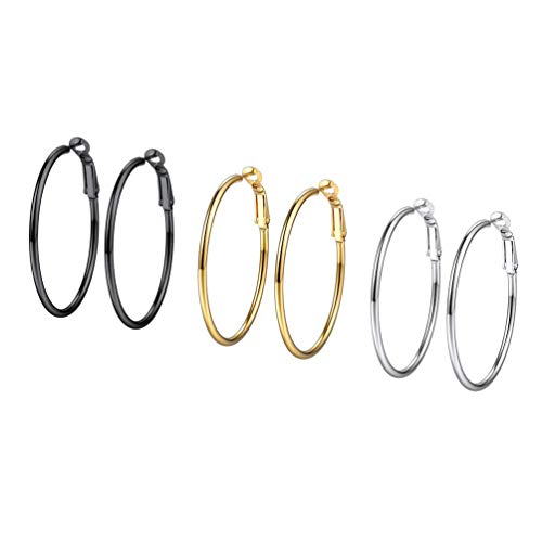 Feilok Ohrringe Set für Damen Edelstahl Runde Klapp Basic Groß Creolen Huggie Kreolen Ohrringe Hoop Klappcreolen Ohrschmuck 40mm Gold Schwarz Silber 3 Paar
