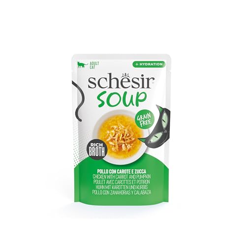 Schesir Suppe mit Hähnchenfilets mit Karotten und Kürbis ergänzendes Nassfutter für Katzen Originalrezept 100% natürlich 12 Beutel 40 g