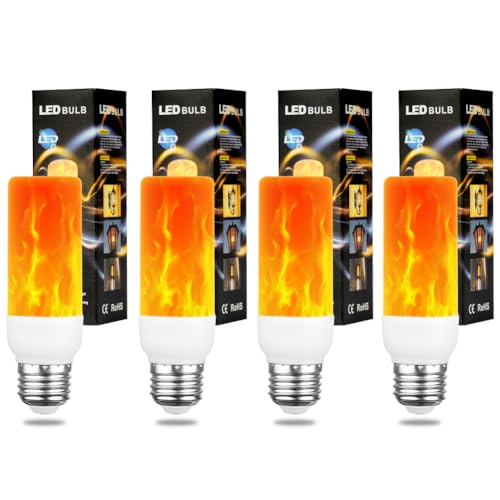 AUAUY 4 Stück LED Flammen Glühbirne 2W E27 Flammeneffekt Glühbirnen 3 Beleuchtungsmodi Flackernde Dekorative Atmosphärenlampen für Drinnen und Draußen für Zuhause Garten Bar Halloween Weihnachten