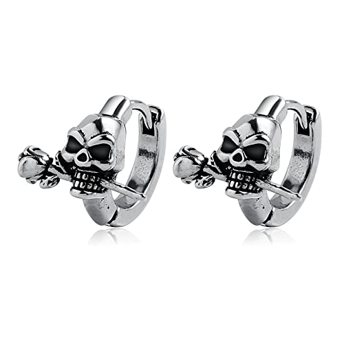 Totenkopf Ohrringe Creolen Herren Kpop Ohrringe Schädel Chirurgenstahl Huggie Creolen Punk Klappcreolen Ohr Piercing für Damen Männer 13.5X14mm