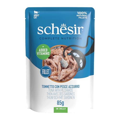 Schesir Thunfisch mit blauem Fisch in Gelee komplettes Nassfutter für Katzen im Beutel mit zusätzlichen Vitaminen 100% natürlich 12 x 85 g