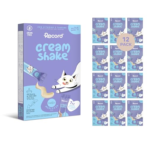 Record - Cream Shake Cremiger Snack für Katzen mit Kabeljau 12 Pack 7 Sticks 12 g . Monoprotein ohne Zucker niedriger Fettgehalt hohe Verdaulichkeit