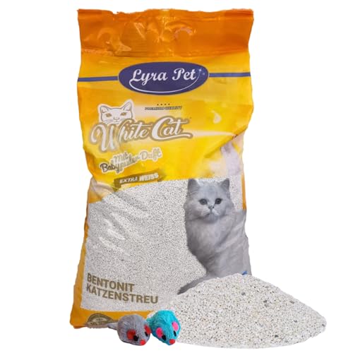 Lyra Pet 15 Liter White Cat Katzenstreu 2 Spielmäuse Mit Babypuder Duft Feines Klumpstreu 350% Saugkraft Naturprodukt aus Bentonit Saubere Wohnung Neutralisiert Gerüche Staubarm