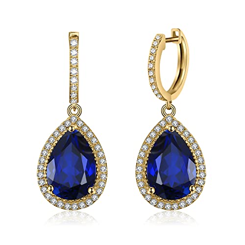 Jewelrypalace Luxus Tropfenschliff 12.4ct Erstellt Blau Saphir Ohrhänger Gold Ohrringe Silber 925 Mädchen Echt Silber Creolen Damen 925 Blauer Stein Ohrringe Modeschmuck Ohrringe Schmuck Set Frauen