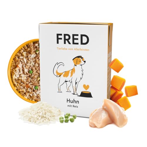 FRED Nassfutter Hund Huhn mit Reis Monoprotein 50 % Huhn in Lebensmittelqualität Getreidefrei mit Gemüse Ölen Alleinfuttermittel für ausgewachsene Hunde 190 g Tetra Pak