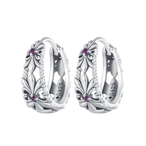 BRBRB Vintage Lila Iris Blumen Creolen S925 Sterling Silber Gothic Huggie Klappohrring mit Zirkonia Akzenten Mystischer Boho Schmuck Geschenk for Frauen