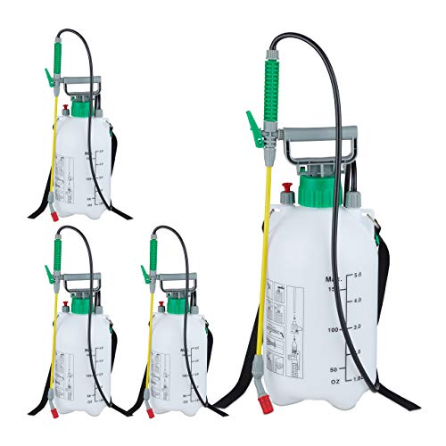 Relaxdays Set of 4 Pressure Sprayers 5L 4er Set Drucksprüher 5 Liter Sprühdose Schlauch Gießlanze Pumpwirkung Garten verstellbar 70 30% Kunststoff Weiß Grün Gelb 5 l