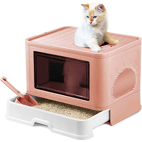 Baiyun Katzentoilette mit Deckel und Schaufel Katzenklo Schrank Schublade Design Multifunktionaler und Komfortabel Katzen Zubehör 51 x 40 x 37 cm Rosa Modell 1