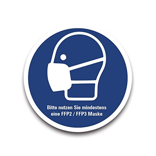 Aufkleber Gebot Bitte nutzen Sie min. eine FFP2 FFP3 Maske Schild Folie 5-40cm ähnl. ISO 7010 blau Made in Germany Größe 10 cm
