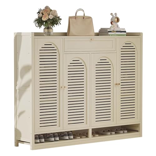 MARIYCH 8-stöckiger Schuhschrank mit Rolltüren und Klappschublade Schuhregal aus Holz mit großer Kapazität für Eingangsbereich Flur Beige