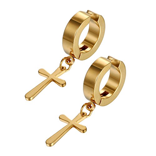 JewelryWe Schmuck Unisex Creolen Ohrringe Edelstahl Kreuz Ohrhänger ohne Loch Fake Ohrstecker Ohrclips Klappcreolen Huggie Gold