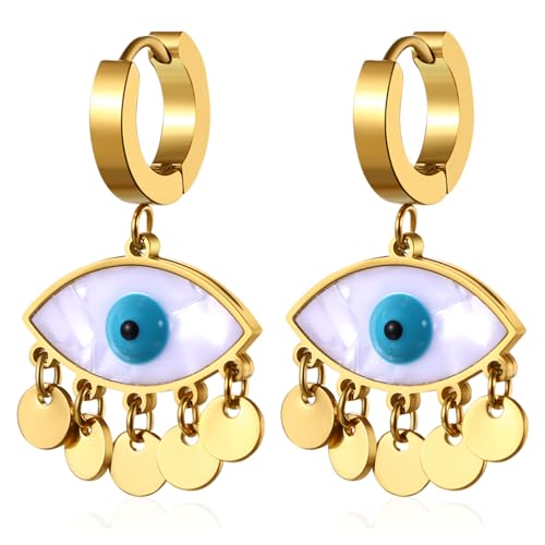 JewelryWe Böser Blick Ohrringe Gold Edelstahl Strass Creolen Mit Baumelnde Augen Kreis Quasten Evil Eye Starburst Hängende Ohrhänger Geschenk für Frauen Mädchen