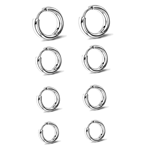4 Paar Kleine Creolen für Damen - Edelstahl Post Skinny Set Titan Stahl Silber Mädchen Schlafende Ohrringe Multi Durchbohrte Kleine Kugel Ohrstecker