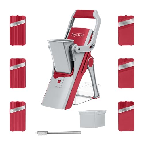 Genius Gemüseschneider Nicer Dicer Mando 12tlg. Gemüsehobel Gemüse Schneider Gurkenhobel Mandoline Vegetable Chopper mit 6 austauschbaren Klingen Küchenhobel Rot-Grau