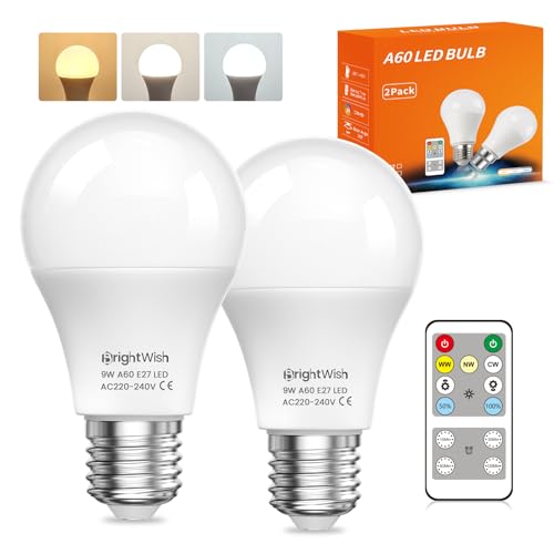 BrightWish LED A60-Lampe mit Fernbedienung Dimmbare E27 LED Lampe 9W 700LM 3000K Warmweiß 4000K Neutralweiß 6000K Kaltweiß Energiesparlampe Timer-Funktion LED Glühbirne Nachtlicht-Lampe 2 Stück