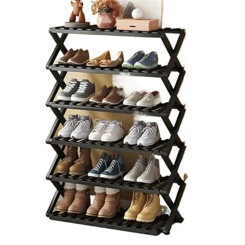 FJIXUO Klappbares Schuhregal 6-stöckiges Schuhregal aus Holz Organizer faltbar stapelbar Aufbewahrungsregal for Eingangsbereich Flur Schrank Schwarz groß