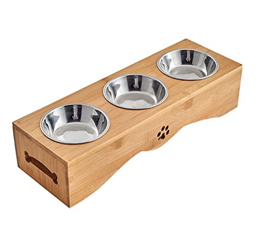 Yuncai Edelstahl Essen Wasser Fütterung Schüssel für Hunde Katzen Bambus Stent Haustier Dreifach Schüssel S