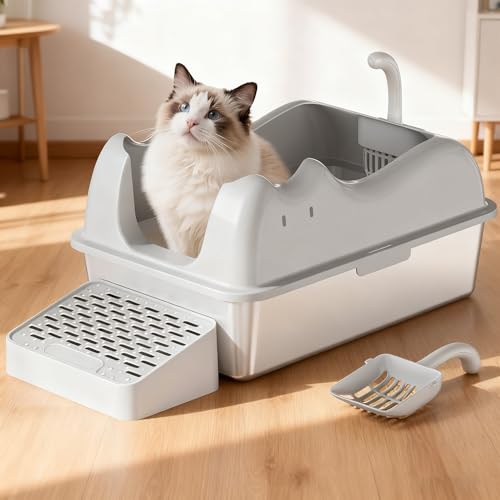 XXL Katzenklo Edelstahl Katzentoilette 60cm für Großkatzen Edelstahl Katzentoilette mit hoher Seite Auslaufsicher Verschüttungssicher und Leicht zu Reinigen Style 1