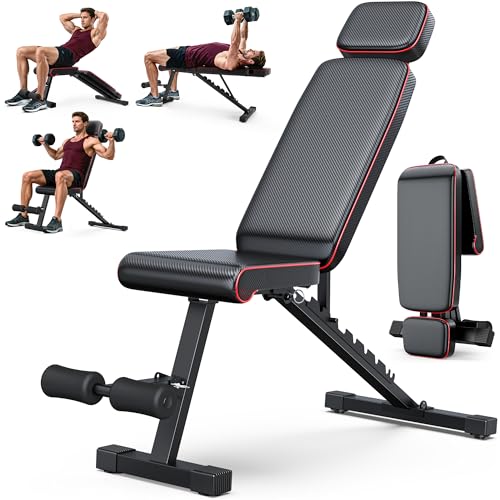 XDDIAS Hantelbank 10-fach verstellbare Trainingsbank mit verlängerte Kopfstütze klappbare bis 360 kg Schräg- Flach- Negativbank für Heimfitness kompakte Fitnessbank für kleines Zuhause