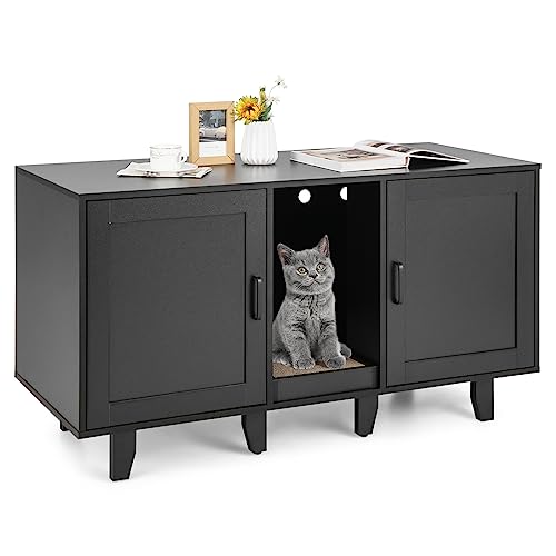 COSTWAY Katzenklo Schrank für 2 Katzen Katzenschrank für Katzentoilette Katzenhaus mit 2 Türen Kratzbrett Eingang Katzenhöhle Katzenmöbel für Katzen Hunde Haustier 120x52x65cm Schwarz