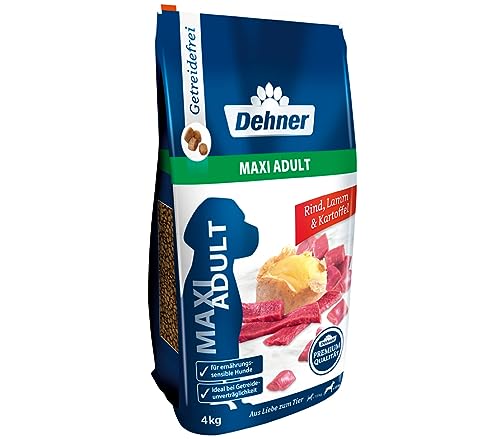 Dehner Premium Hundefutter Maxi Adult Trockenfutter getreidefrei für ausgewachsene Hunde großer Rassen Rind Lamm Kartoffel 4 kg
